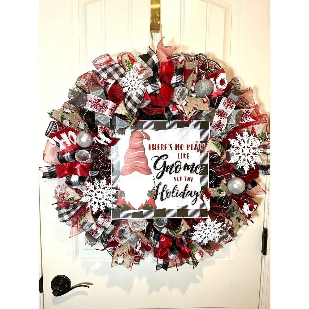 Handmade Christmas Gnome for the Holidays Ribbon Door Wreath 26 ins LED XLW7
